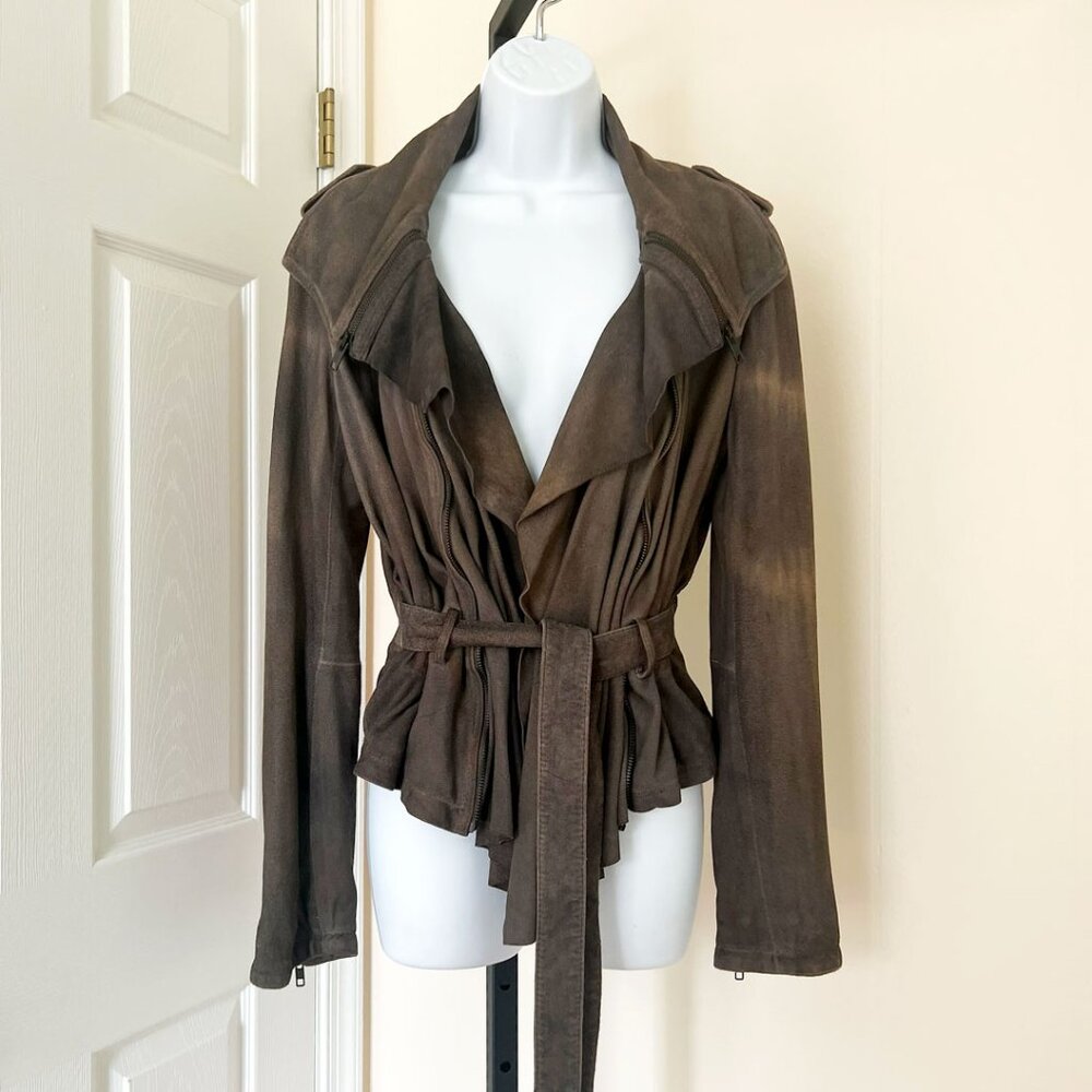 ALLSAINTS Goat Leather Suede Biker Jacket with Belt, Large collar, Size M (UK12)
